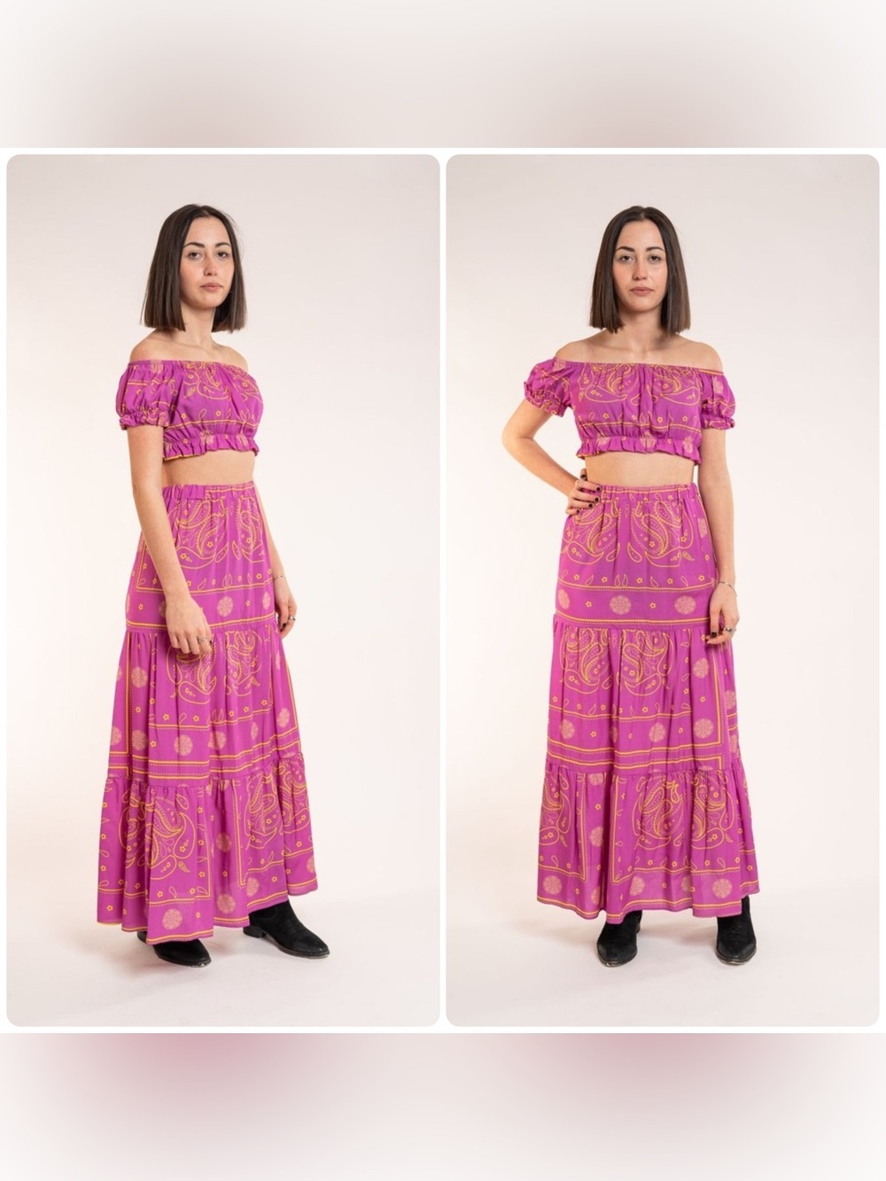 New! Benevierre Boho Fuchsia + Yellow Paisley Tiered Maxi Skirt  + Top 💕 XS Set - Picture 1 of 16